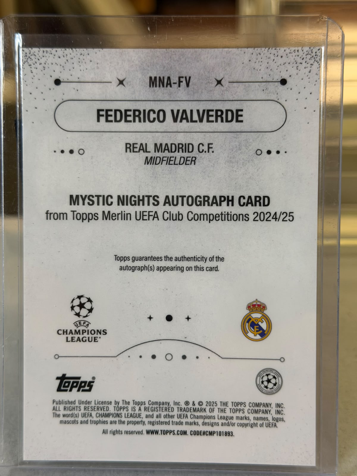 Federico Valverde back - 2024/25 Topps Merlin UEFA Club Competitions Mystic Nights Autograph 59/99