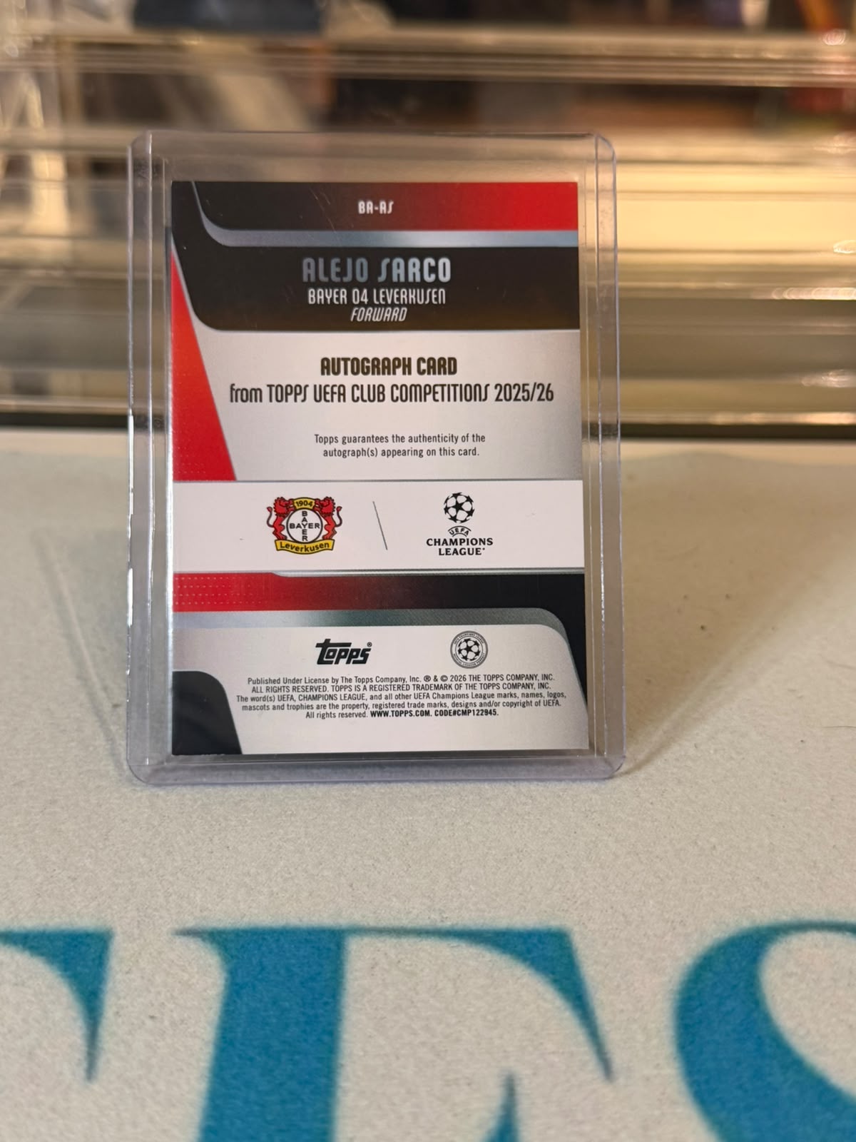 Alejo Sarco Bayer 04 Leverkusen 2025/26 Topps UEFA Club Competitions Autograph rookie card #BA-AS 4/5 back