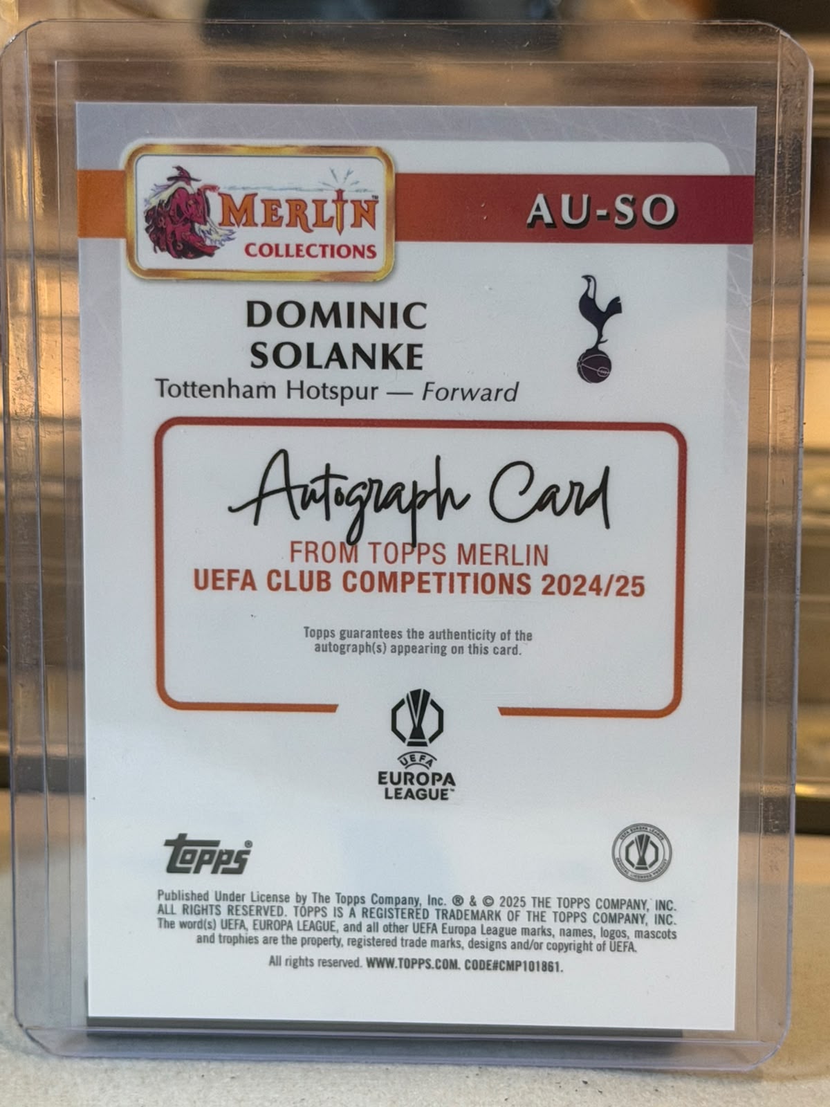 Dominic Solanke - Tottenham - 2024-25 Topps Merlin UCC Merlin Collections Autograph AU-SO 06/10 (back)