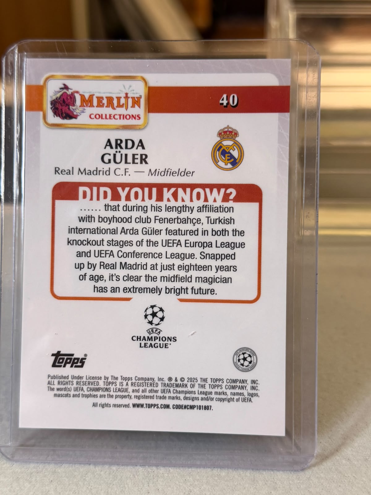 Arda Güler back - 2024/25 Topps Merlin UEFA Club Competitions base #40 2/3