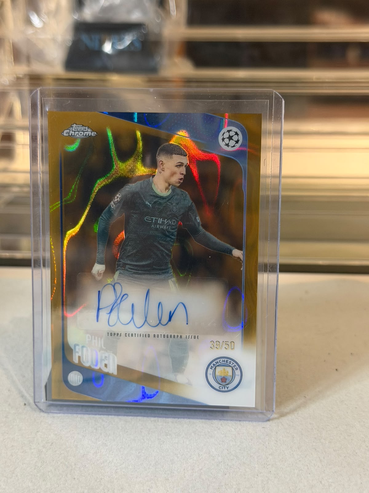 Phil Foden Manchester City 2025-26 Topps Chrome UEFA Club Competitions Autograph Gold Refractor 39/50 - front