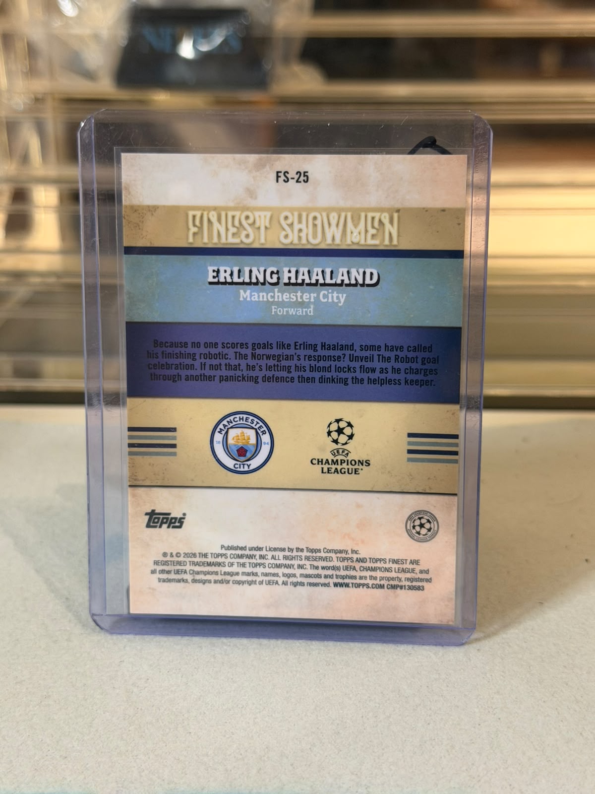 Erling Haaland Manchester City 2026 Topps Finest Finest Showmen Gold Blue Refractor 033/150 - back