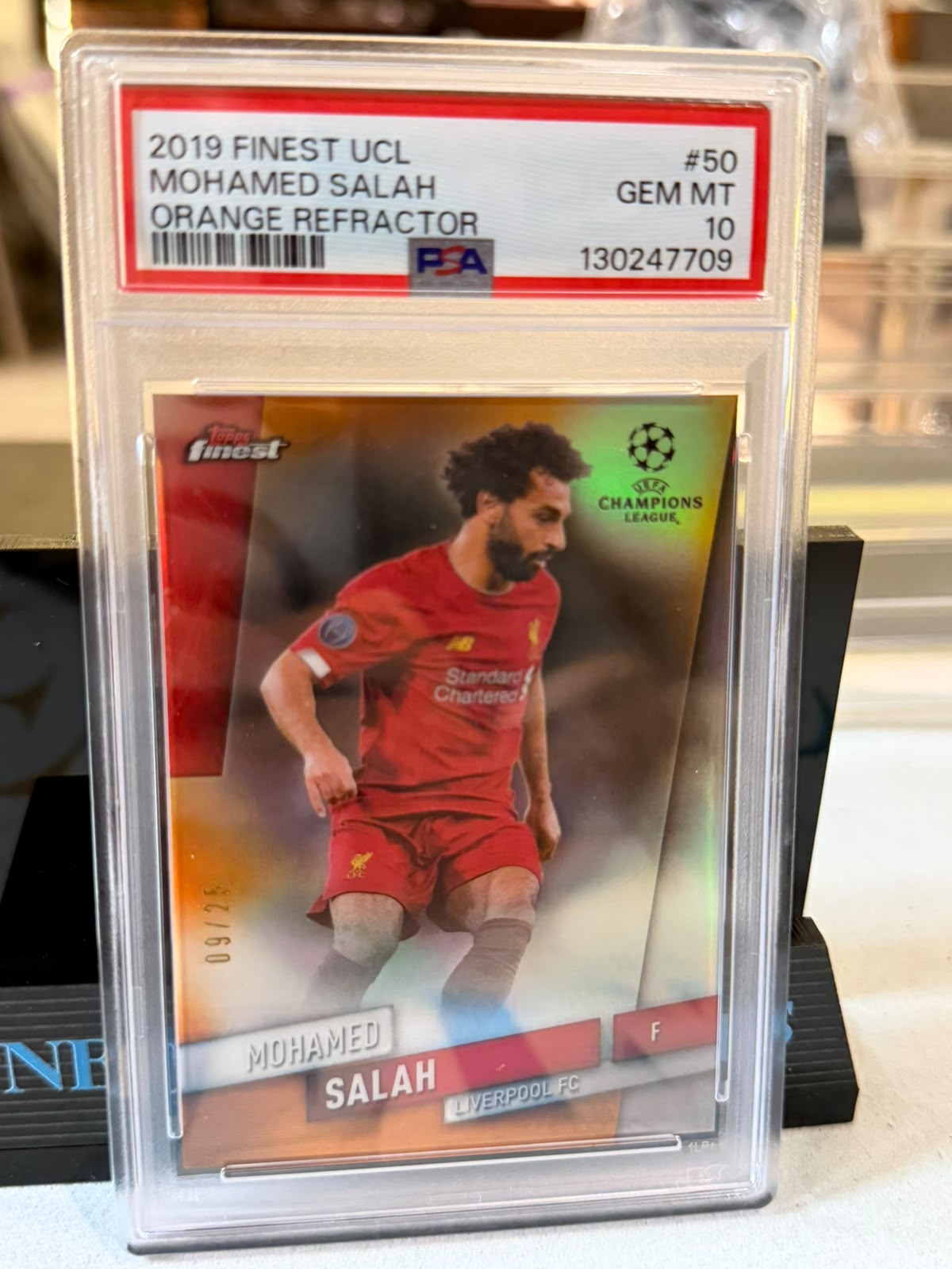Mohamed Salah 09/25 Orange Refractor, card #50 – 2019 Topps Finest UEFA Champions League (PSA GEM MT 10), front