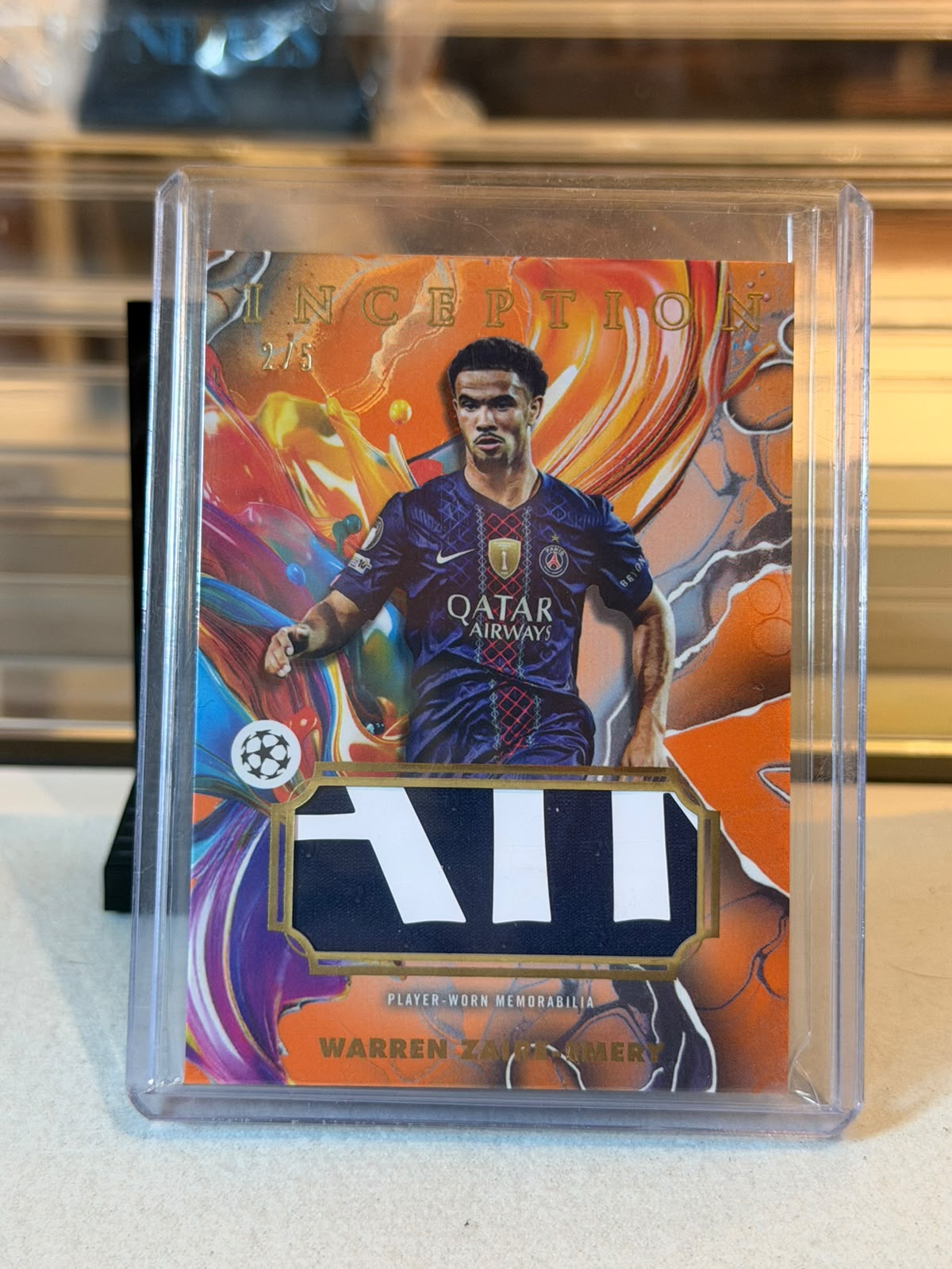 Warren Zaire-Emery PSG Inception Patch Card front, 2025/26 Topps Inception UEFA Club Competitions #IP-WZ, serial 2/5