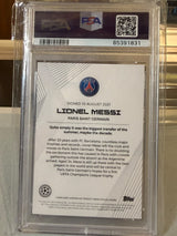 Lionel Messi 34/49 Summer Signings Blue 2021 Topps UCL PSA 10 – PSG trading card, back