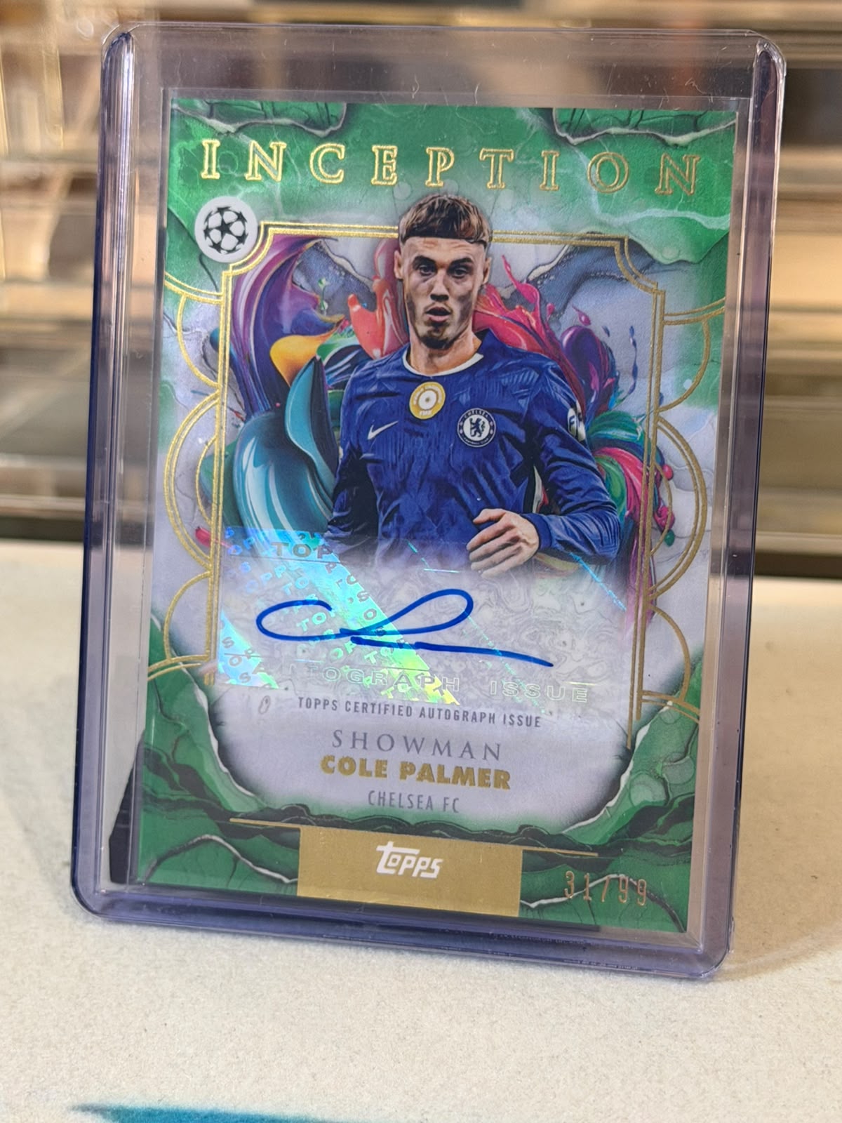 Cole Palmer Chelsea 2025-26 Topps Inception UEFA Club Competitions Showman Autograph Green Parallel 31/99 card front
