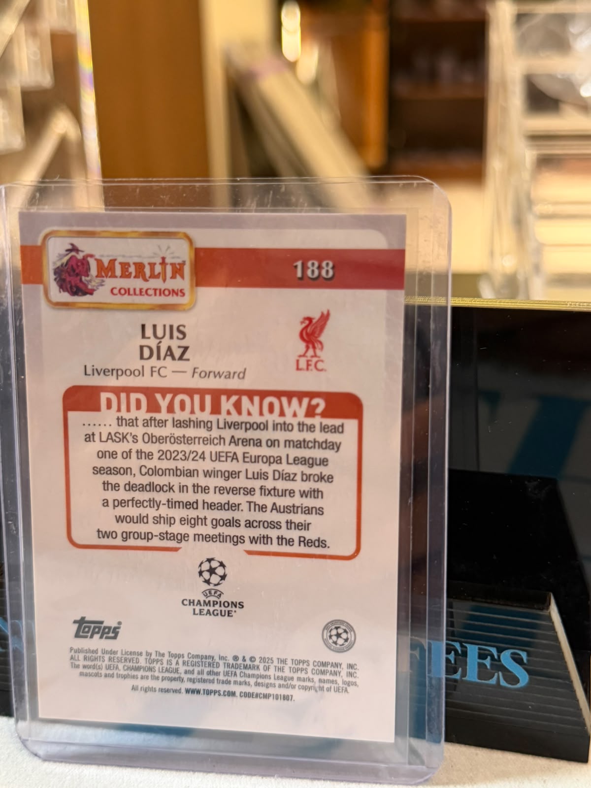 Luis Díaz 13/25 Base #188, Orange cracked-ice parallel – 2024/25 Topps Merlin Collections UEFA Club Competitions, back