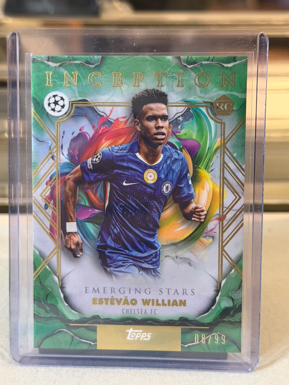 Estevao Willian Chelsea 2025-26 Topps Inception UEFA Champions League Emerging Stars RC Green Parallel 08/99 card front