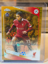 Rio Ngumoha Liverpool rookie card, 2026 Topps Chrome UEFA Club Competitions card 191, gold star sparkle refractor, serial 26/50, front