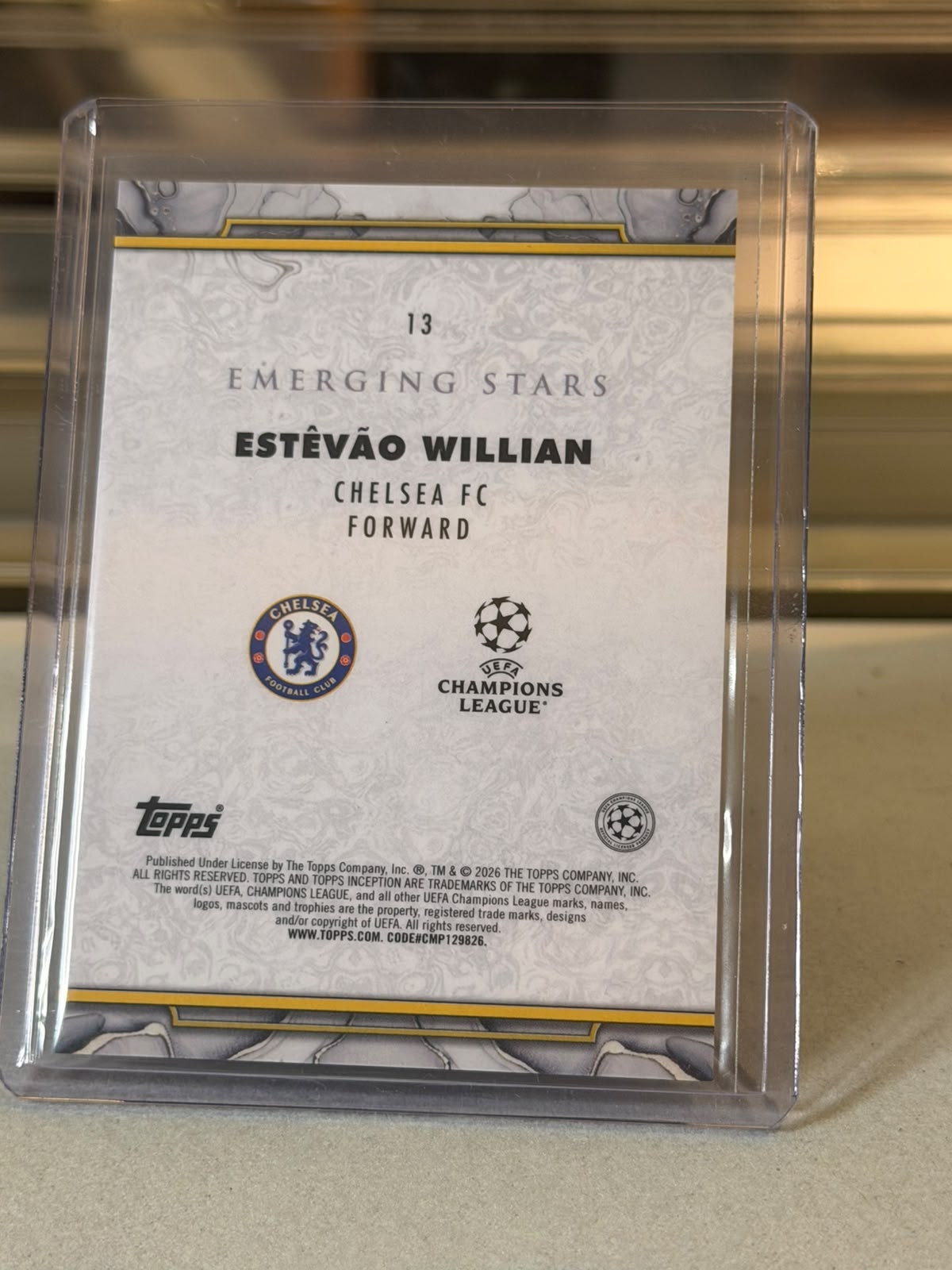 Estevao Willian Chelsea 2025-26 Topps Inception UEFA Champions League Emerging Stars RC Pink Parallel 56/75 card back