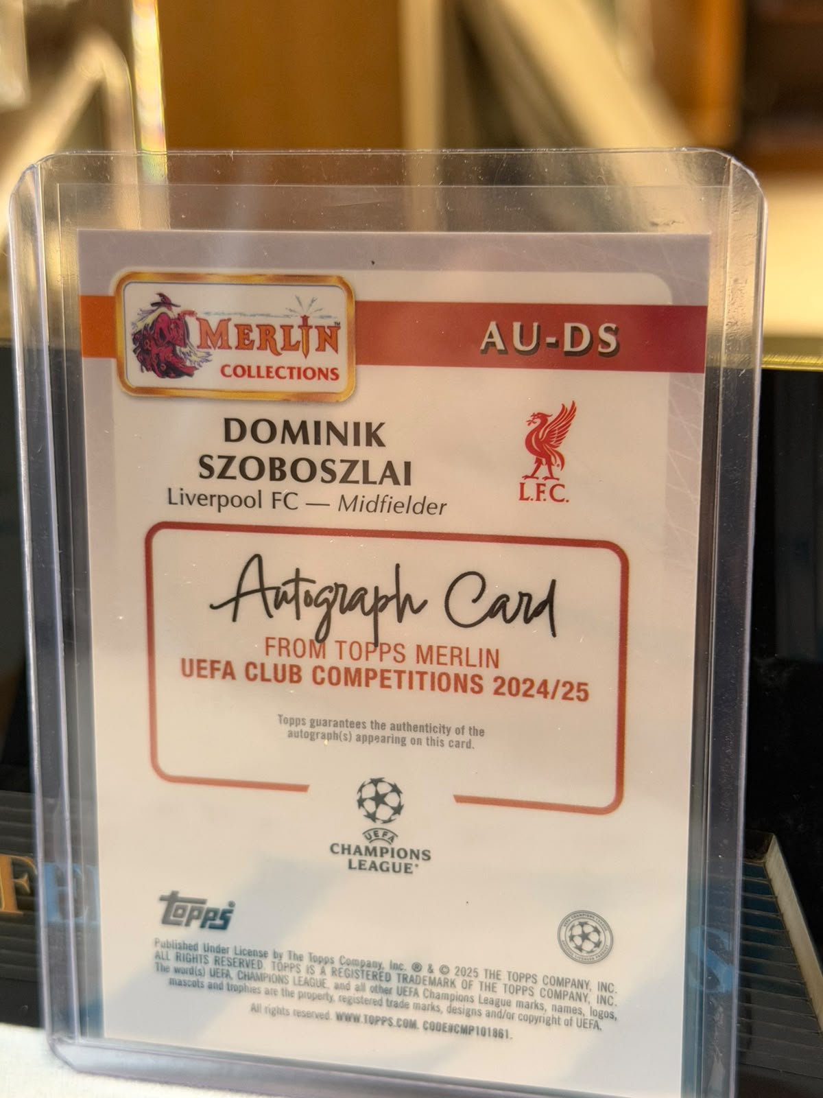 Dominik Szoboszlai 18/50 Autograph (AU-DS), Gold parallel – 2024/25 Topps Merlin UEFA Club Competitions, back