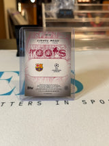 Lionel Messi 43/99 Roots, green foil – 2026 Topps Roots – FC Barcelona trading card, back