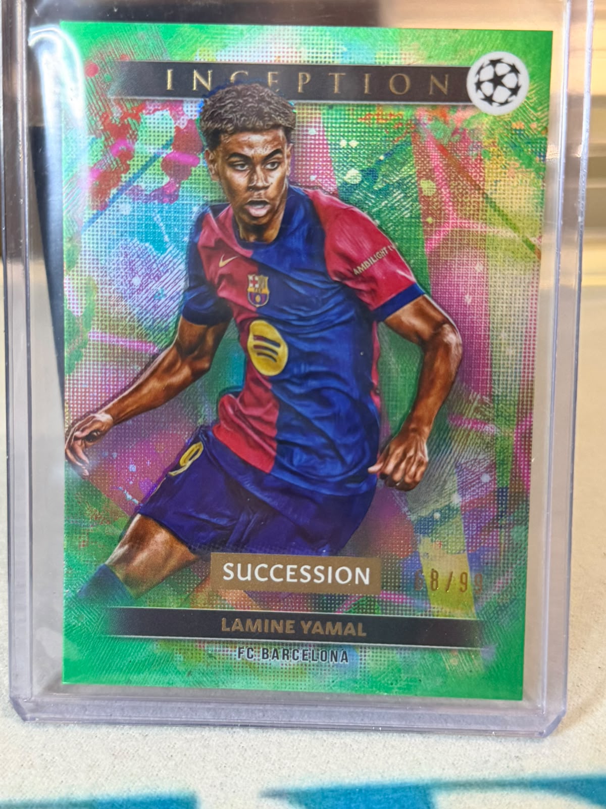 Lamine Yamal 68/99 Succession (#40), green parallel – Topps Inception UEFA Club Competitions 2024/25 – FC Barcelona trading c