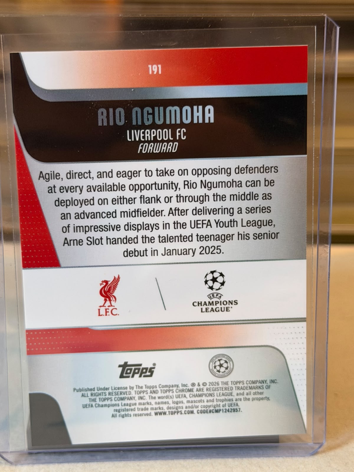 Rio Ngumoha Liverpool rookie card, 2026 Topps Chrome UEFA Club Competitions card 191, back
