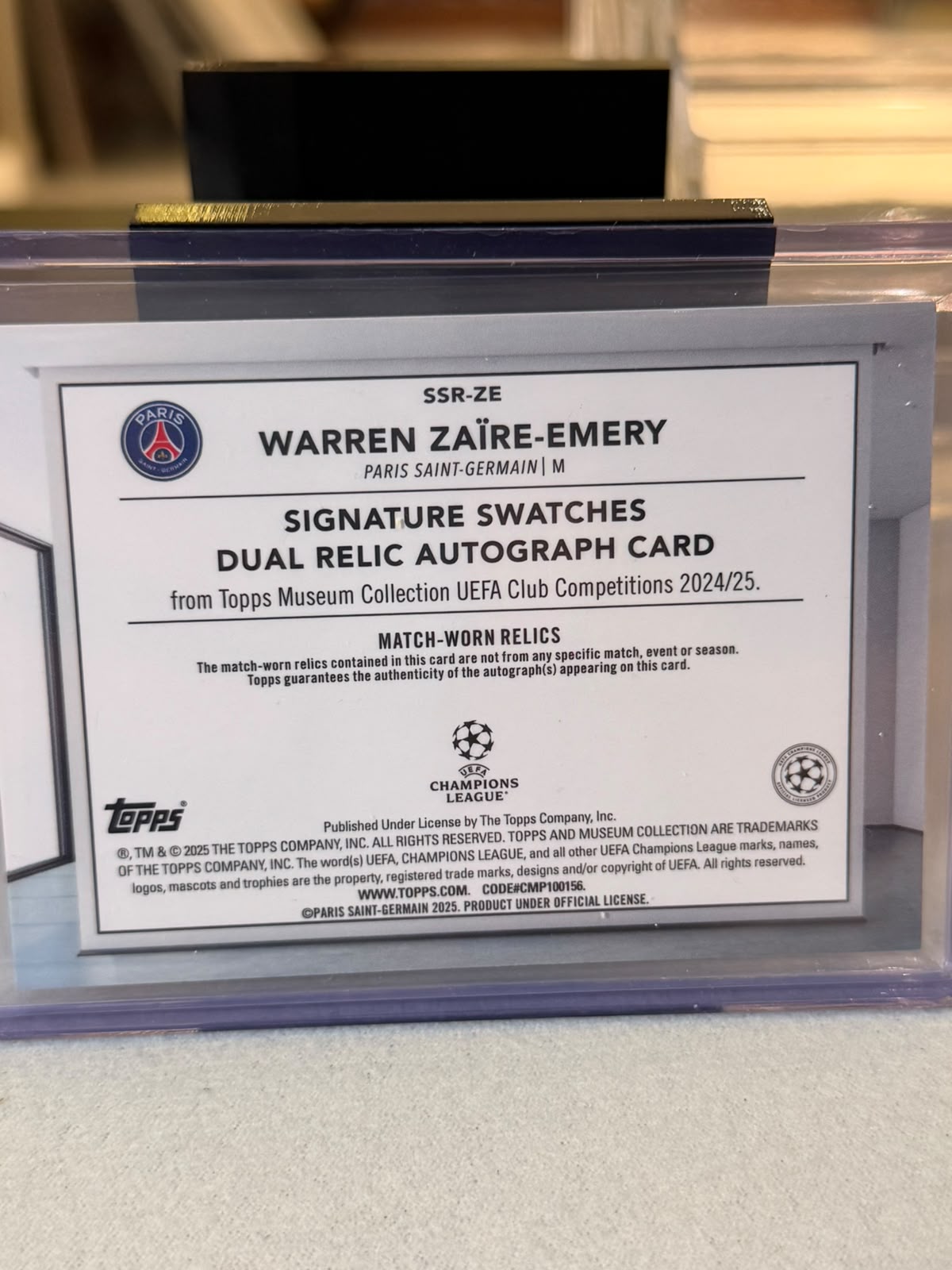 Warren Zaire-Emery 017/199 Signature Swatches Dual Relic Autograph 2024/25 Topps Museum Collection UEFA – PSG trading card, back