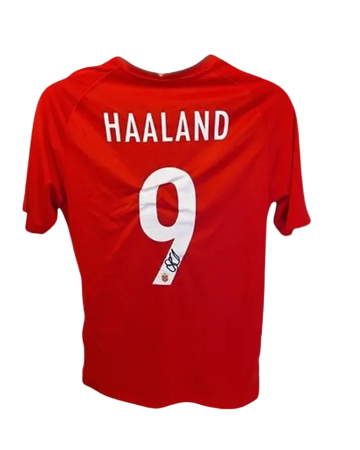 Red sports jersey with 'HAALAND' and number '9' on a light gray background