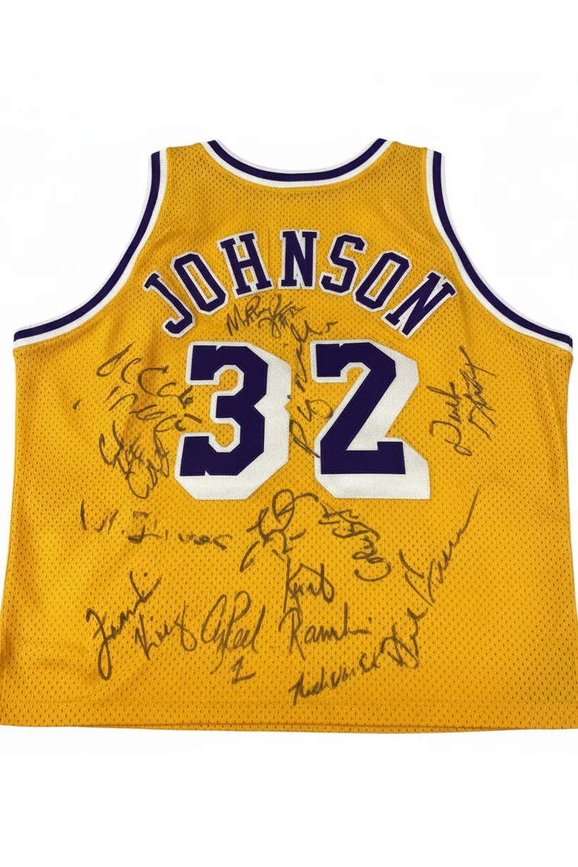 Lakers jersey signed by Magic Johnson and Ice Cube, front