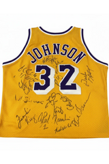 Lakers jersey signed by Magic Johnson and Ice Cube, front