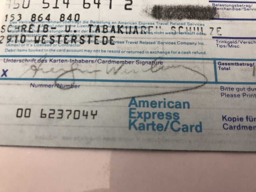 Additional view of the Andy Warhol signed American Express receipt set