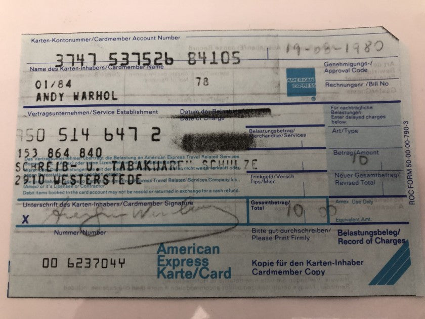 American Express receipt hand signed by Andy Warhol, full view