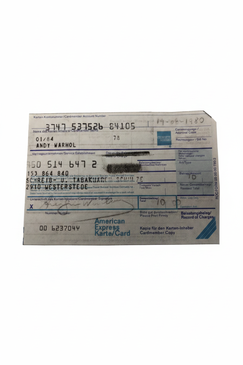 American Express receipt signed by Andy Warhol, 1980, front view