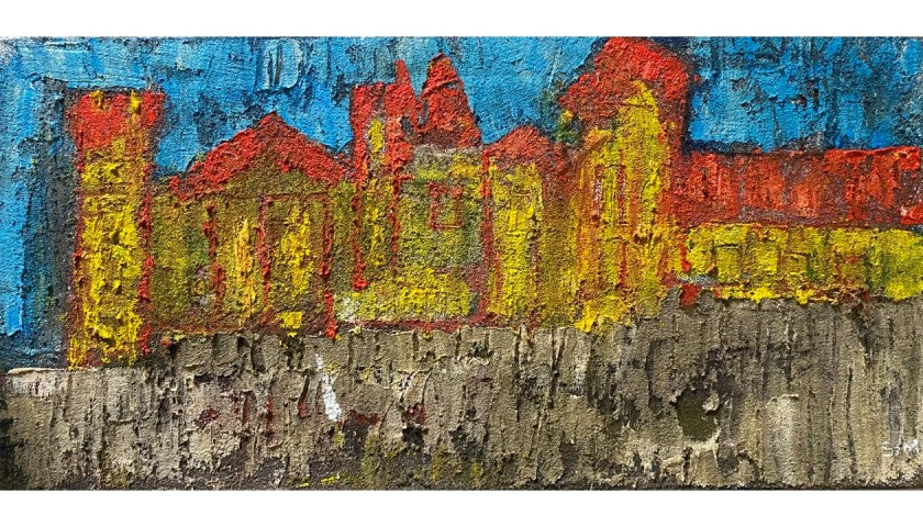 "City Life" by Orsini Mizzan — abstract castle silhouette in red, yellow, blue and gray, detail view