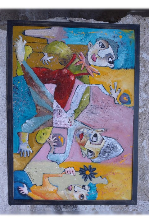 "Freaks" by Cécile Guicheteau — mixed media on cardboard, full view