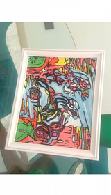 "L'attesa della sposa" by Biagio Occhipinti — vibrant multicolored composition with bold outlines, framed detail