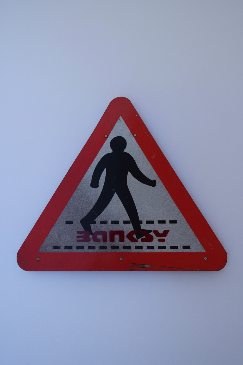 "Walking" spray paint and stencil work attributed to Banksy, front view