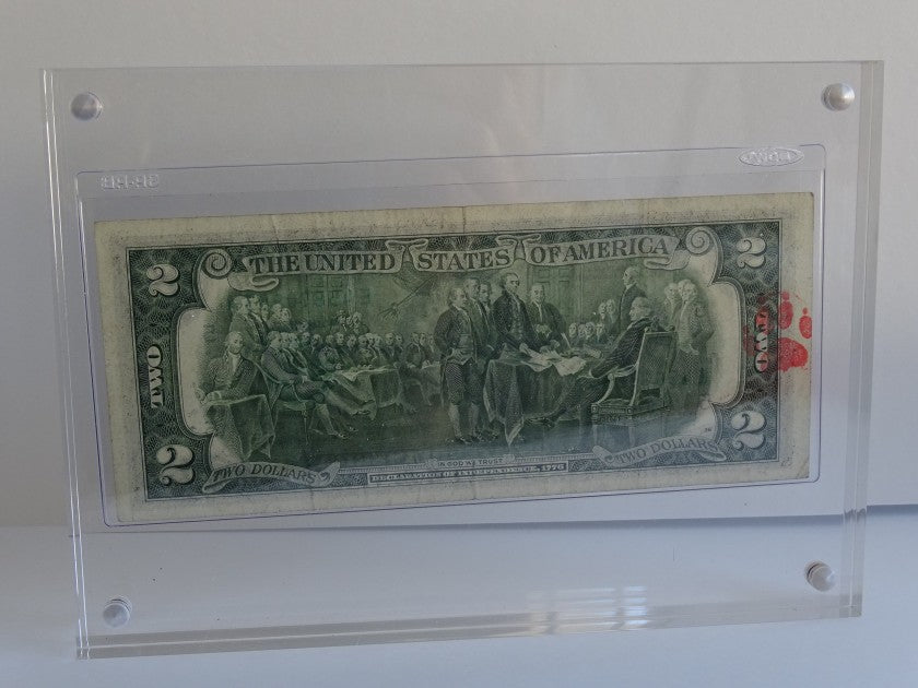 Andy Warhol signed two dollar bill, full framed view