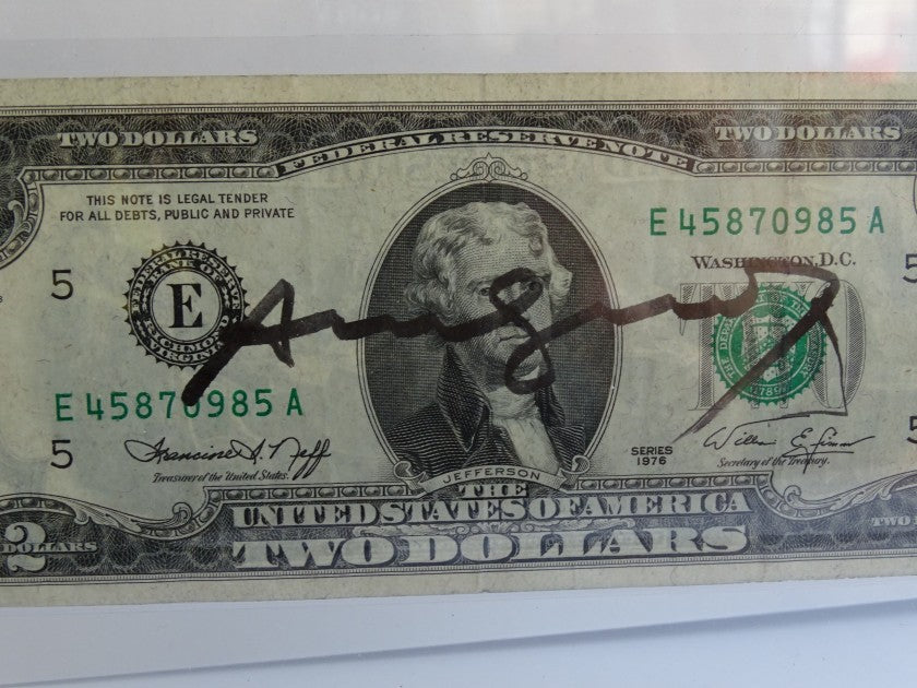 US Post Office postmarks on the Andy Warhol signed two dollar bill