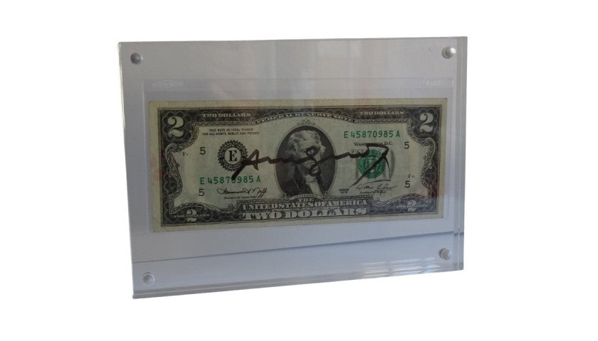 Reverse side of the Andy Warhol signed two dollar bill showing hand printing