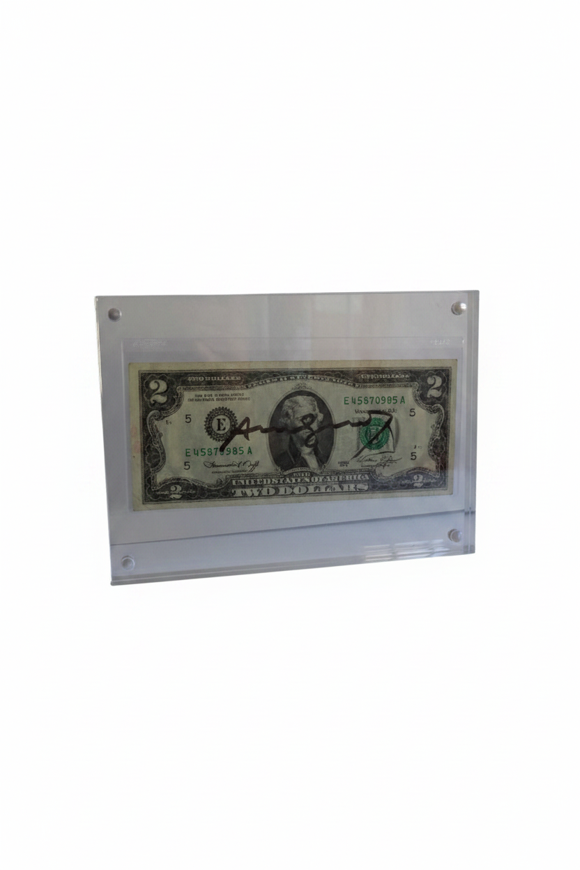 Two dollar bill hand signed by Andy Warhol, 1976, framed front view