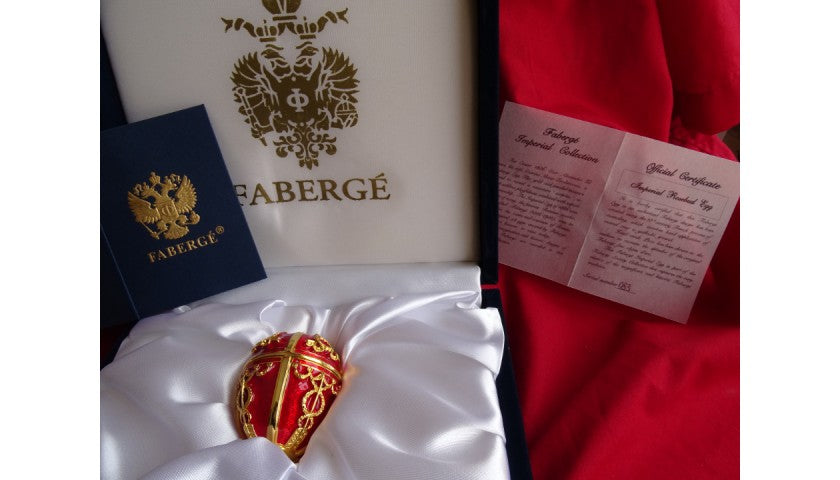 Side view of the Fabergé Imperial egg showing gold plated detail