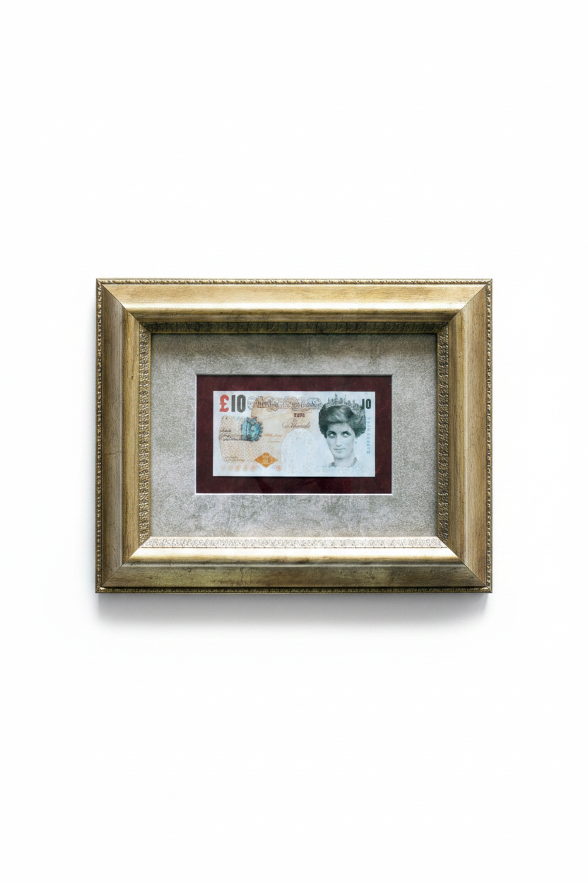 "Di-Faced Tenner" by Banksy, satirical mock banknote artwork, full framed view