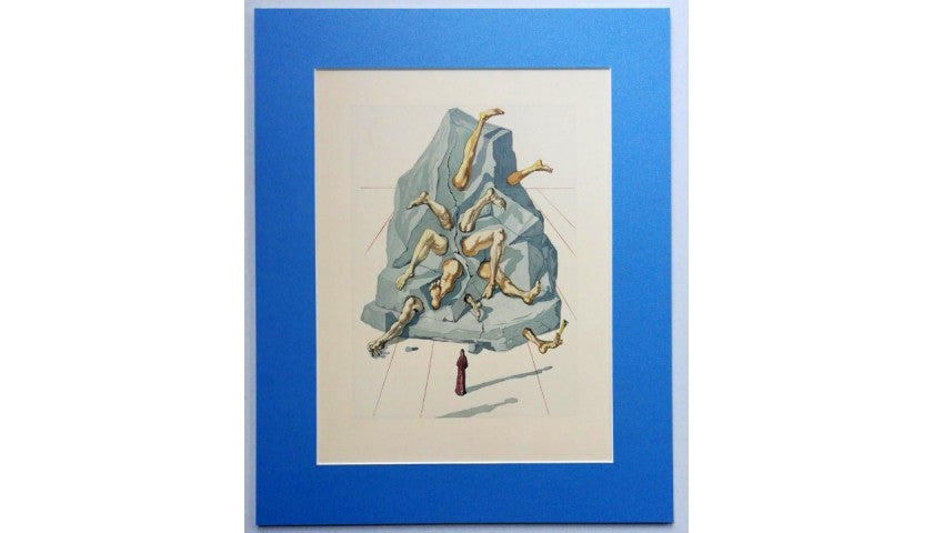 Original board by Salvador Dalì, "I simoniaci" Inferno Canto XIX, detail of the woodcut colors