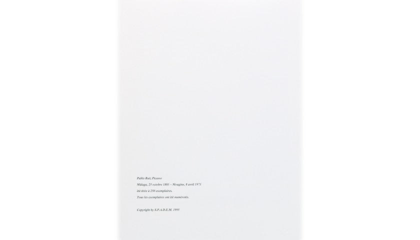 Pablo Picasso offset lithograph with dry stamp, verso with printed caption
