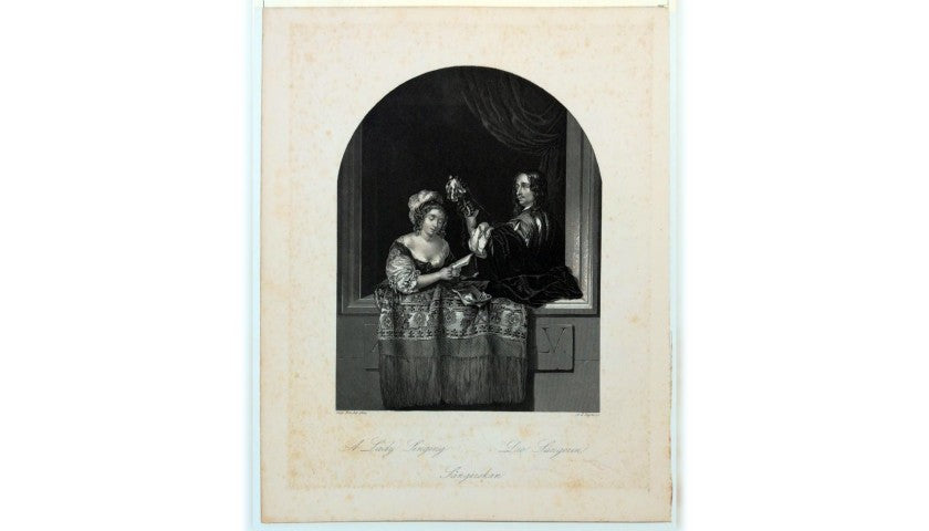 "Pair of Lovers" steel etching from 1850, detail view of the couple