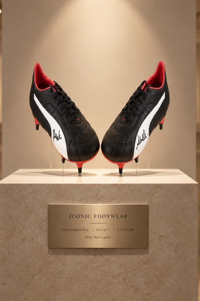 A pair of black and white soccer cleats with red accents and white script logos, displayed on a beige pedestal in a museum or gallery setting.