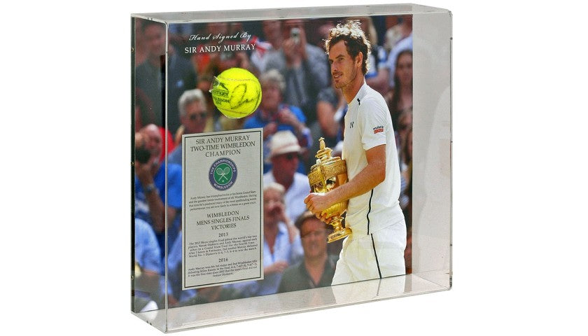 Close-up of Sir Andy Murray's signature on the framed tennis ball
