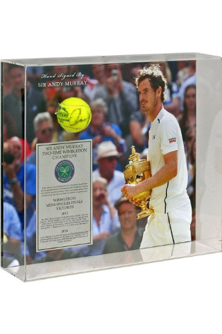 Framed presentation of a tennis ball hand-signed by Sir Andy Murray with photograph and plaque