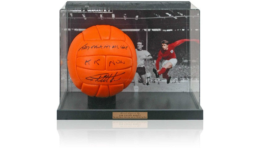 Display case featuring the Sir Geoff Hurst signed football and match photo