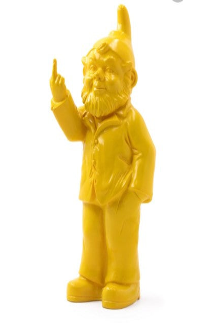 A bright yellow garden gnome figurine standing and gesturing with one hand, isolated on a white background.